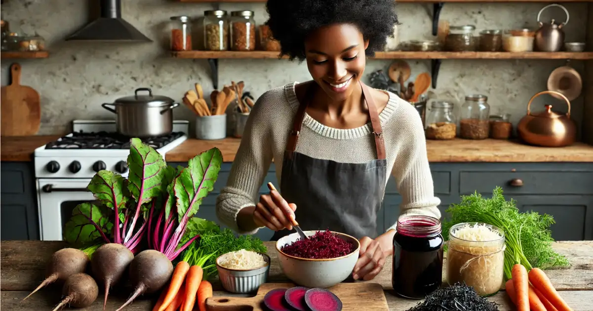 Woman cooking with beets, carrots and sauerkraut