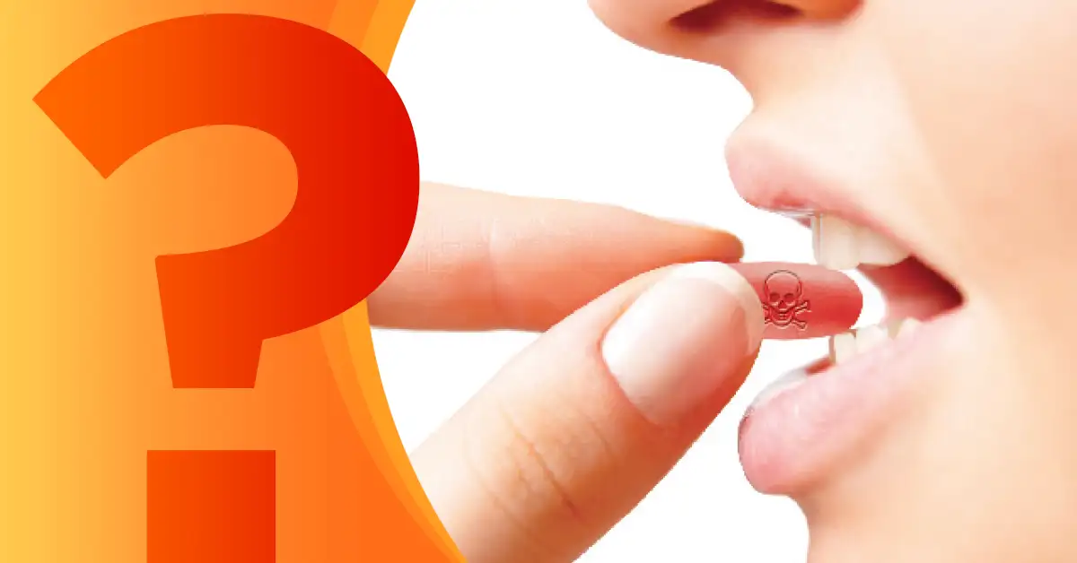 Woman about to swallow a pill marked with a skull, beside a large question mark